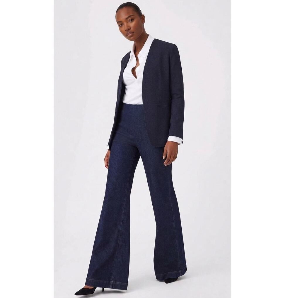 Spanx Pintuck Flare Jeans L Pull On Western Indigo Blue Slimming Denim Trousers